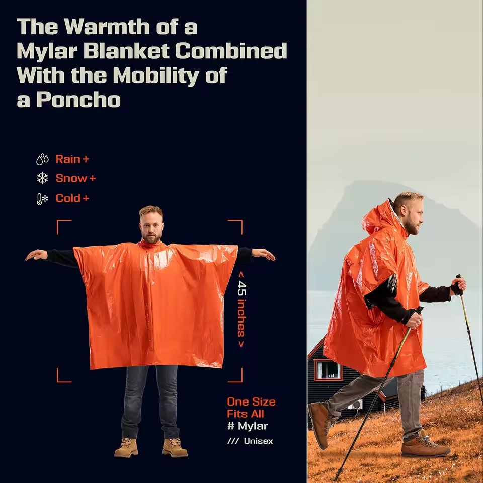Survival Blanket Reflective - Poncho de survie thermique anti-pluie d'urgence,
